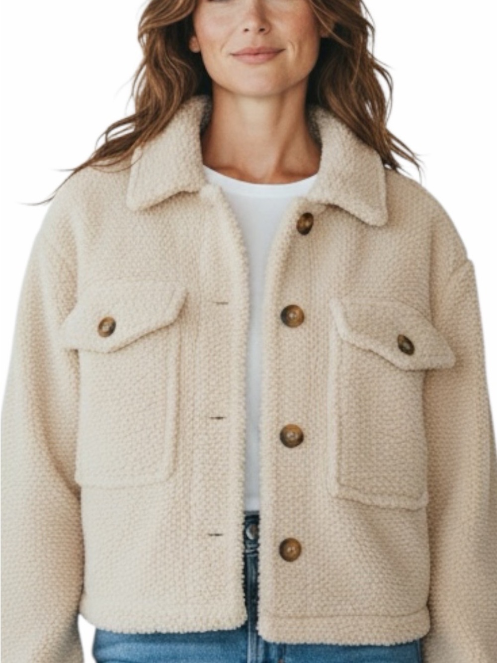 Y2K Women's Cream Sherpa Button-Front Cropped Jacket Size S